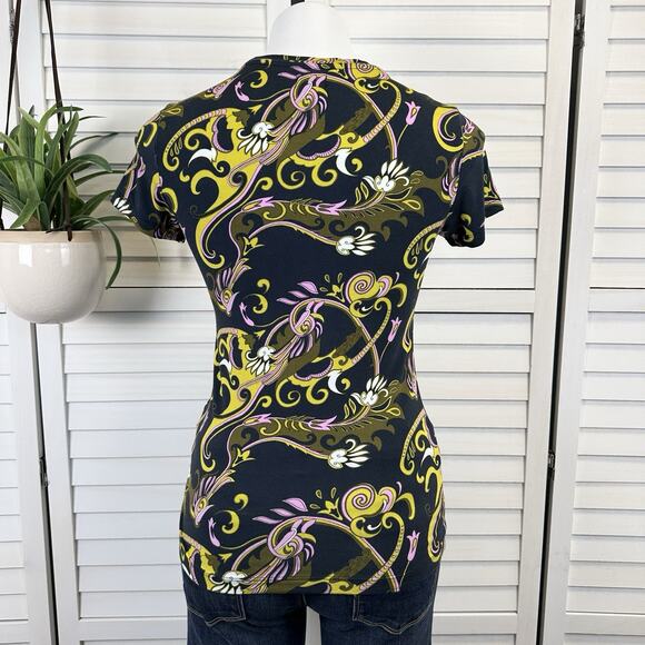 L'Agence Ressi Top Blue Olive Abstract Scarf Print Stretch Knit Blouse Size XS - Picture 5 of 10